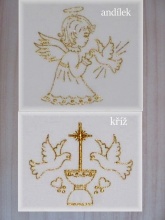 Vyšívaná křestní rouška kříž- andílek, svíce, ozdoba dvojitá